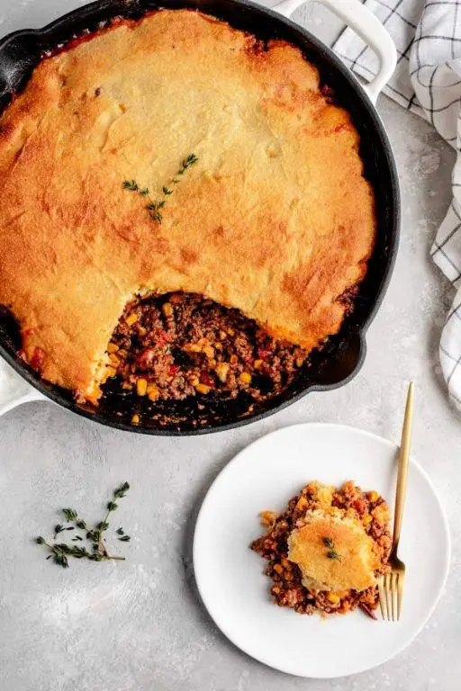 Skillet Hamburger and Cornbread Casserole