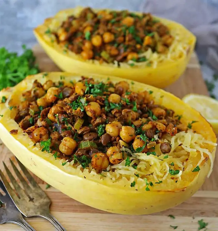 Stuffed Spaghetti Squash with Lentils and Tahini Dressing