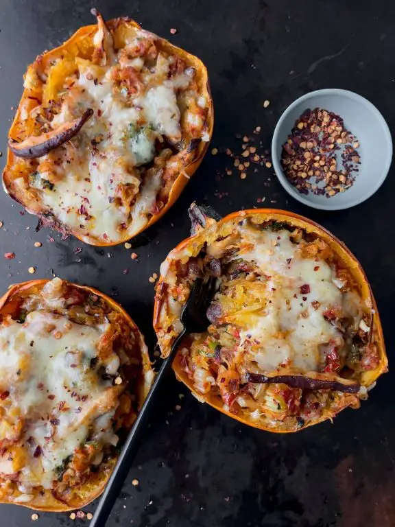 Stuffed Spaghetti Squash with Mushrooms and Gruyere Cheese