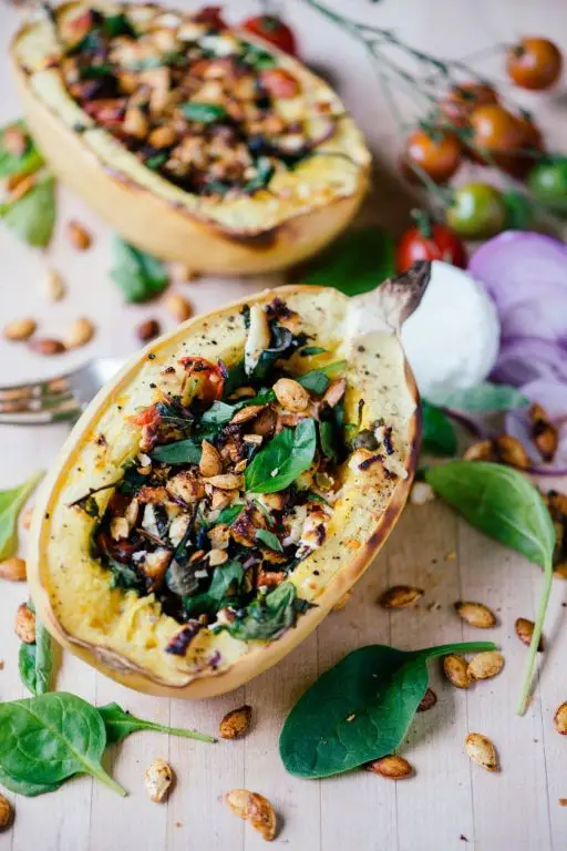 Stuffed Spaghetti Squash with Roasted Vegetables and Goat Cheese