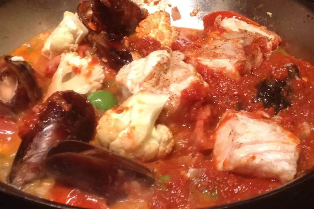 Sturgeon Stew with Tomatoes and Olives