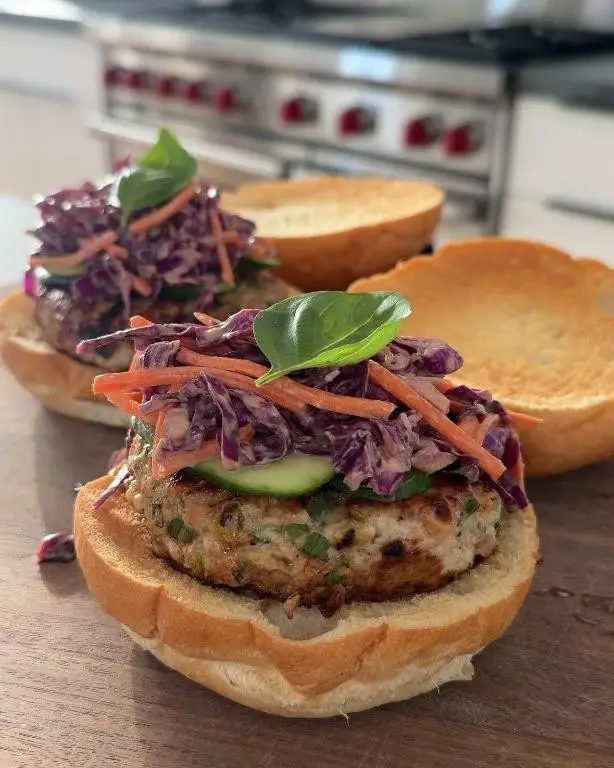 Thai Peanut Chicken Burger with Cucumber Slaw