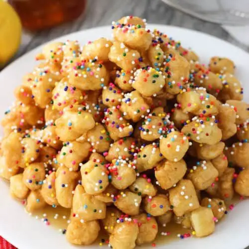 White Chocolate Drizzled Struffoli with Sprinkles