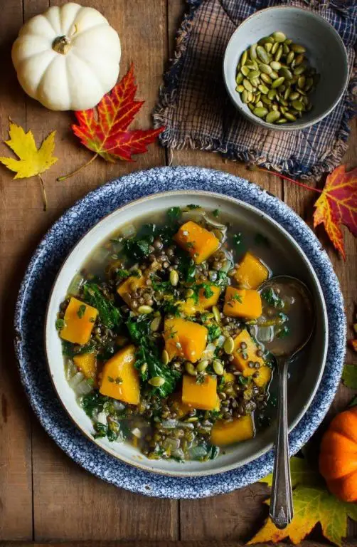 Whole Pumpkin Stew with Lentils and Kale