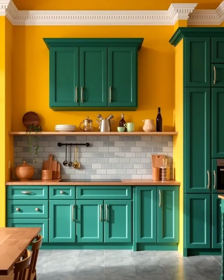 Green Cabinets Paired with Yellow Walls