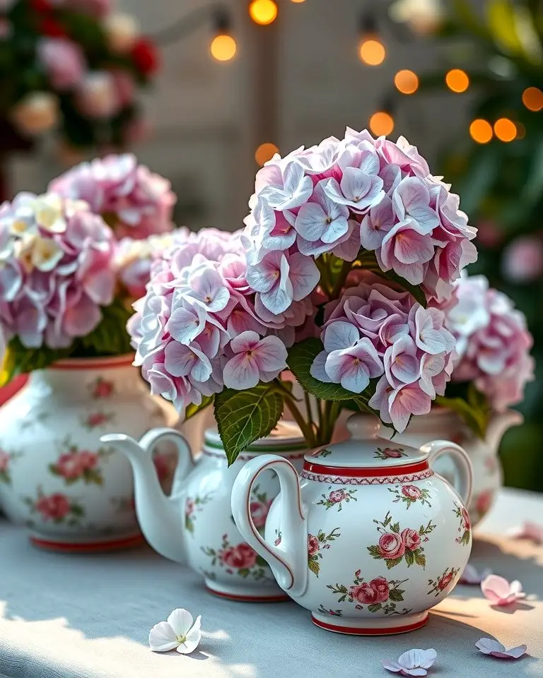 Hydrangeas in Vintage Teapots