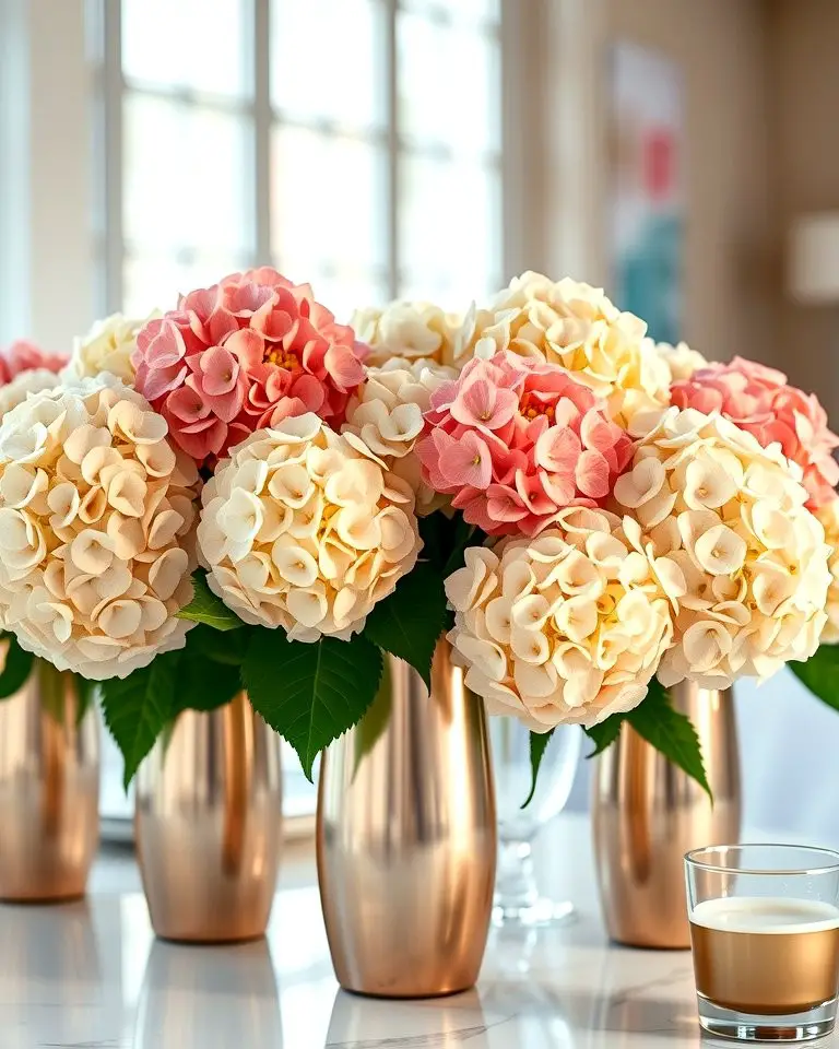 Hydrangeas in Metallic Containers