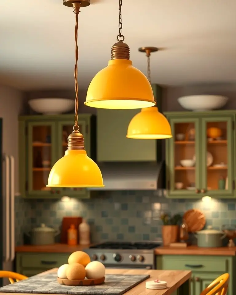 Yellow Lighting Fixtures with Green Cabinets