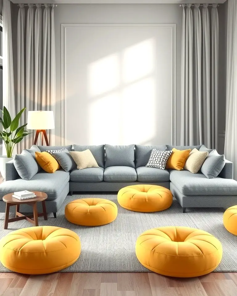 Grey Sectional with Yellow Poufs