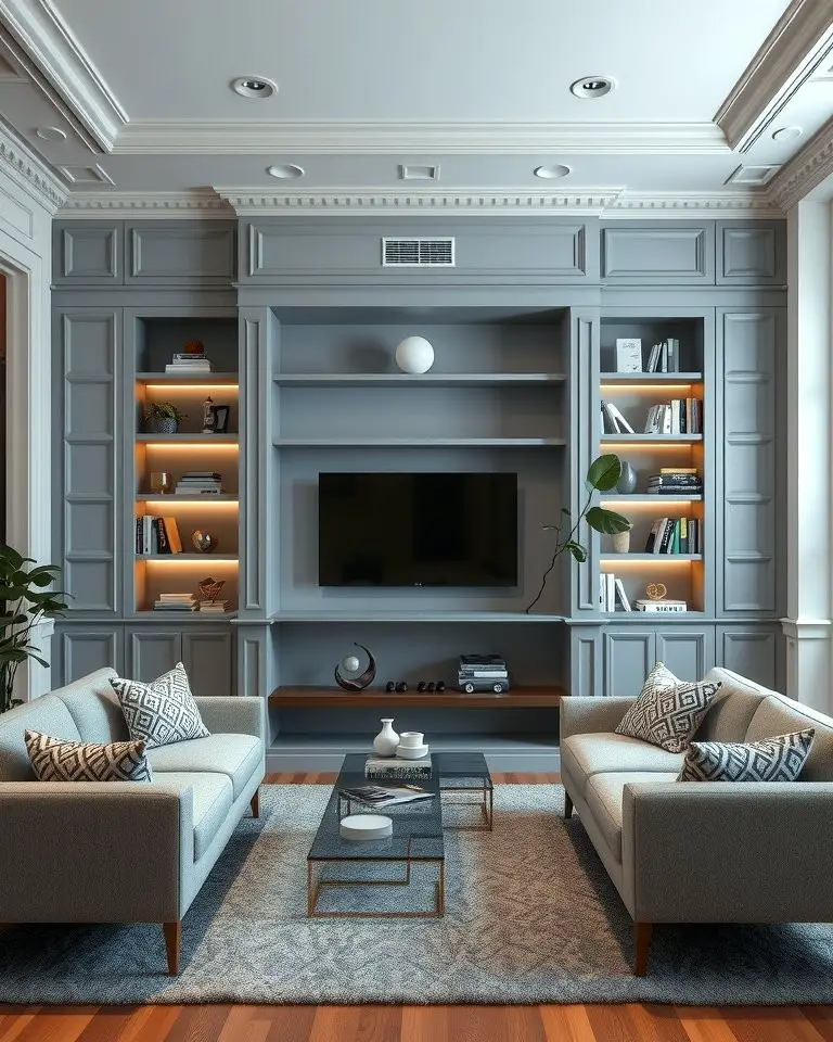 Grey and White Built-In Shelving