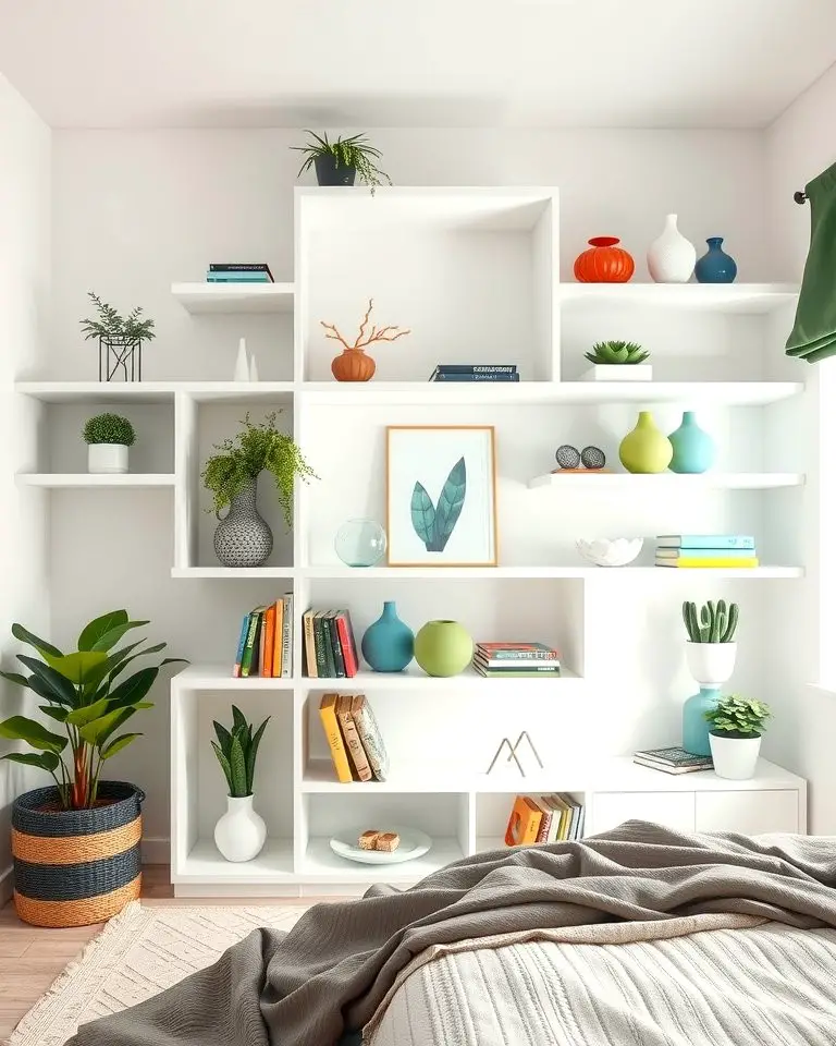 White Shelves with Green Decor