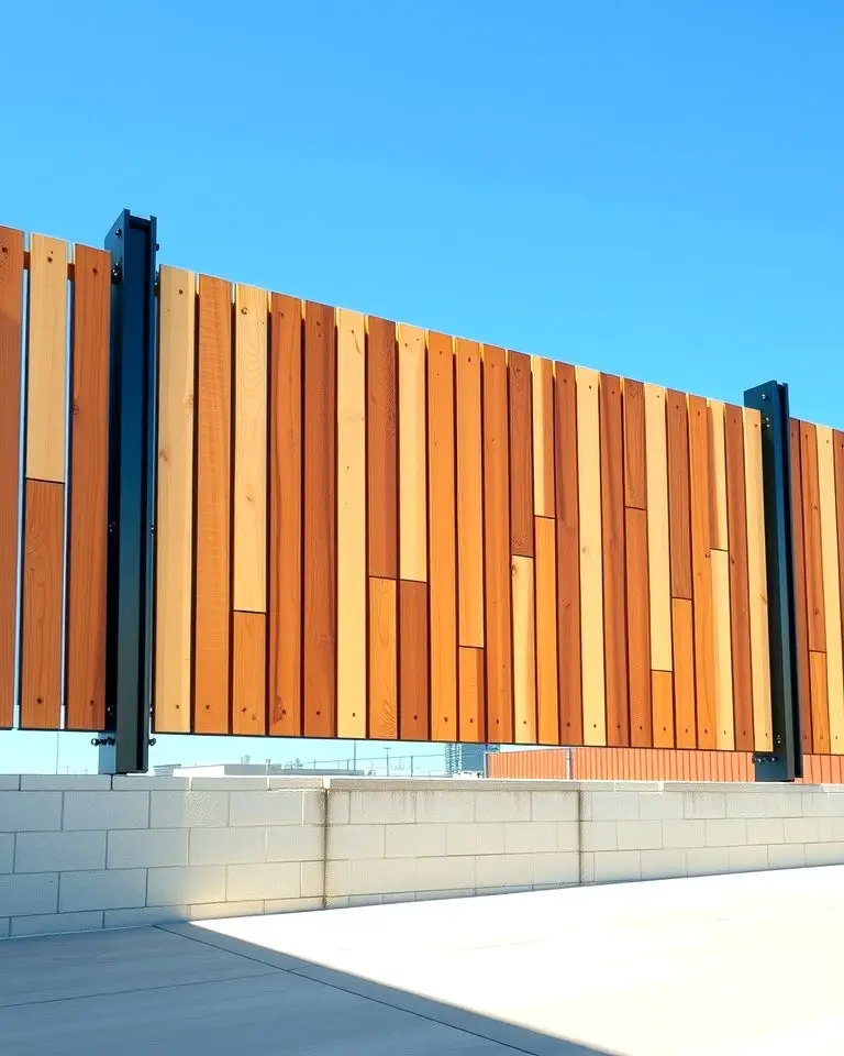 Modern Sleekness with Vertical Wood Planks and Steel Posts