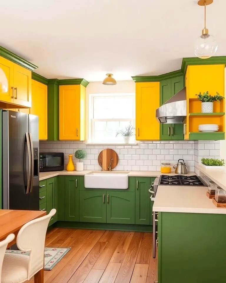 Two-Tone Cabinets in Green and Yellow