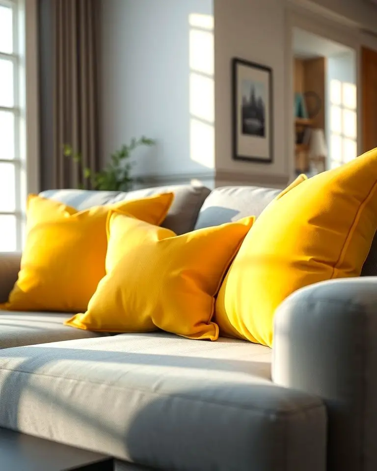 Soft Grey Sofa with Yellow Cushions