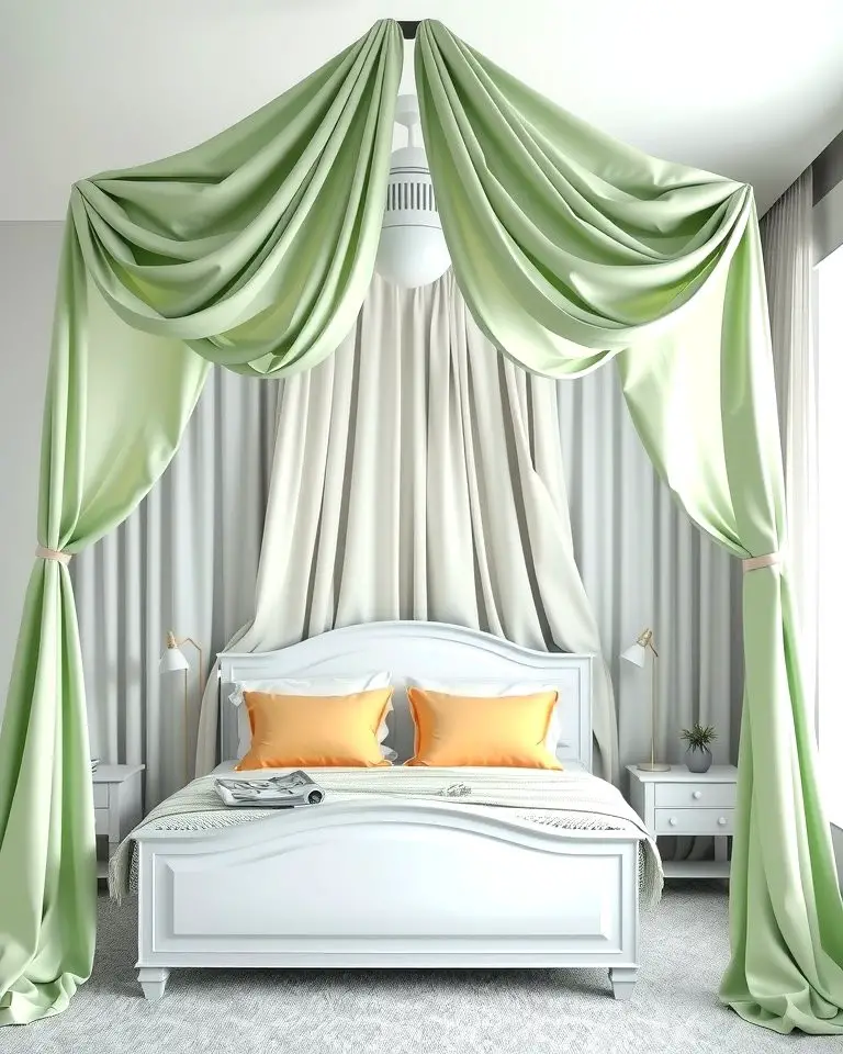 White Canopy Bed with Green Drapes