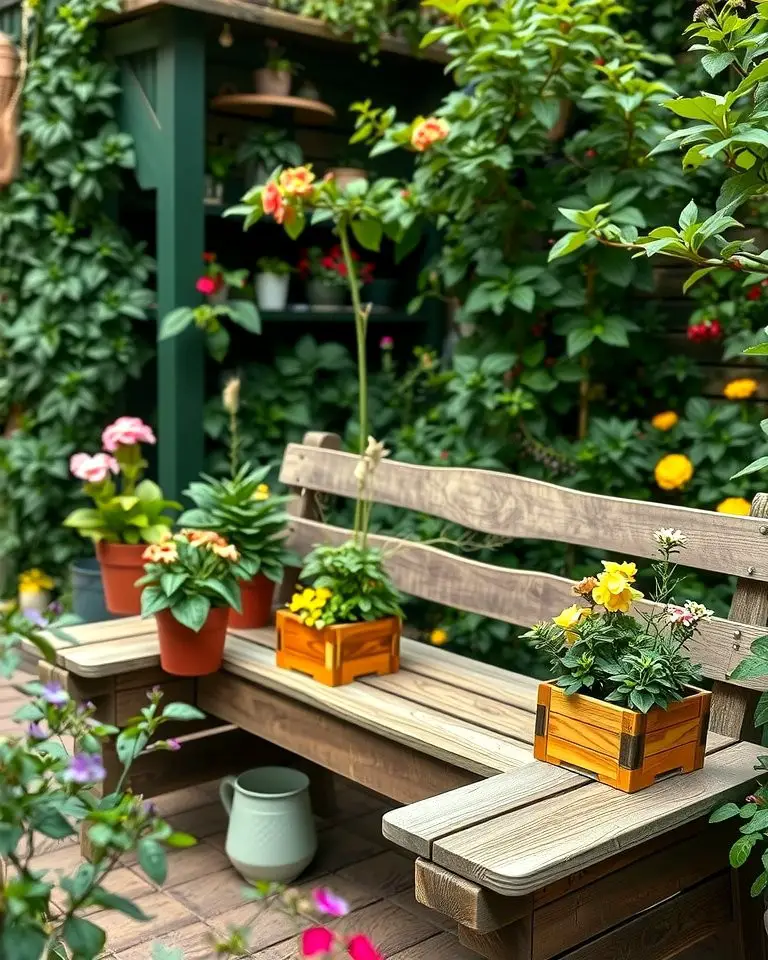 Rustic Wooden Bench with Planters