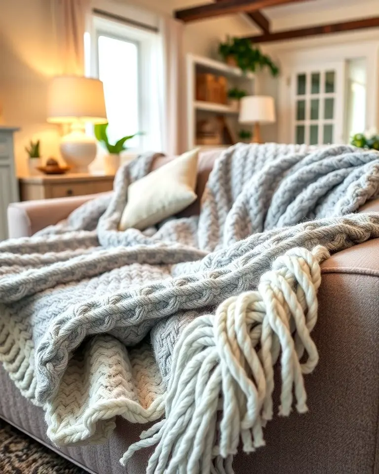 Layered Grey and White Throw Blankets