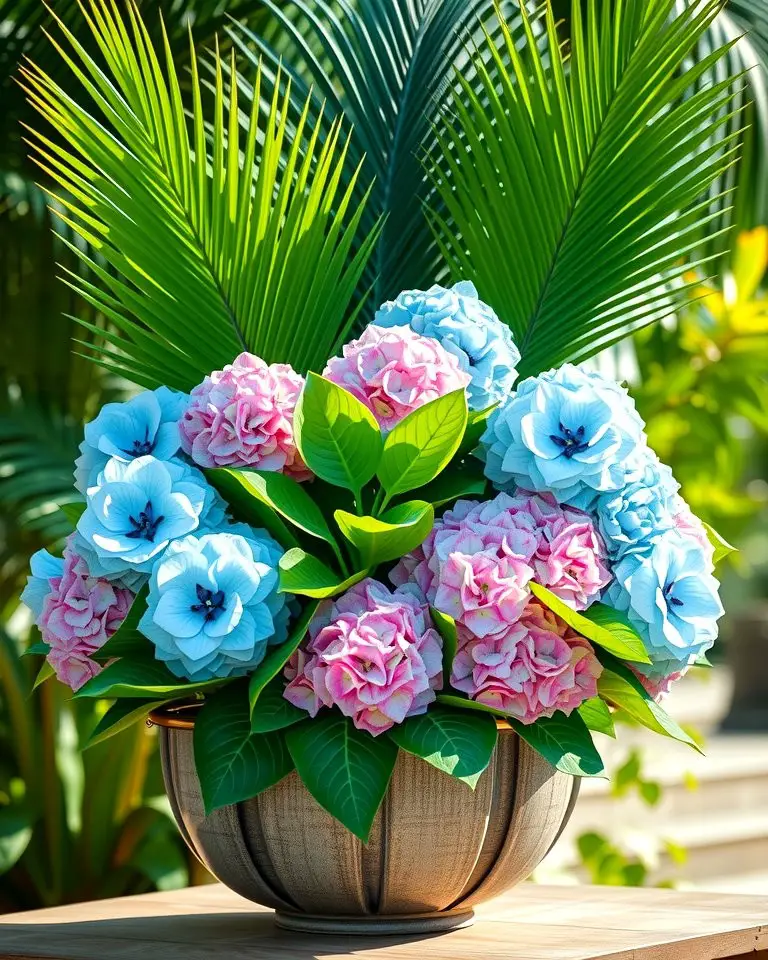 Tropical Hydrangea and Palm Leaf Arrangement