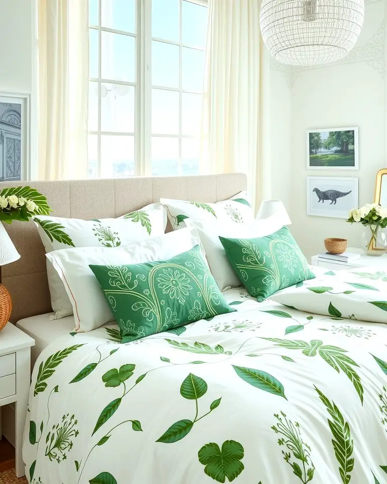 White Bedding with Green Patterns