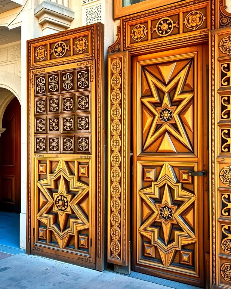 Carved Wooden Doors with Geometric Patterns
