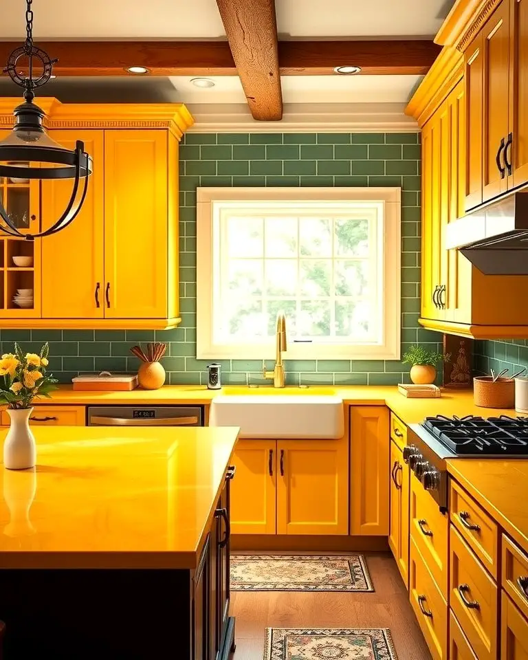 Yellow Countertops with Green Backsplash