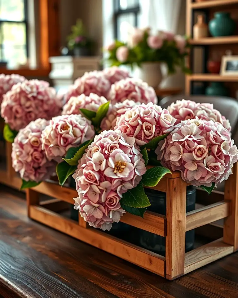 Hydrangeas in Wooden Crates