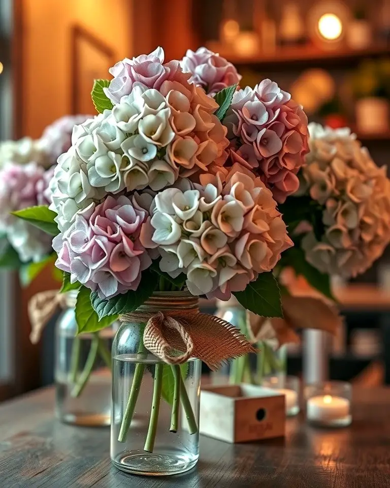 Rustic Mason Jar Hydrangea Arrangement