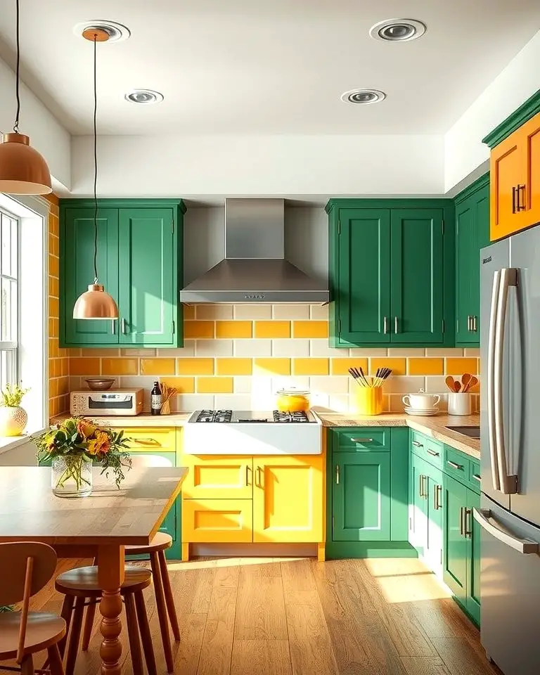 Two-Tone Cabinets with Green and Yellow
