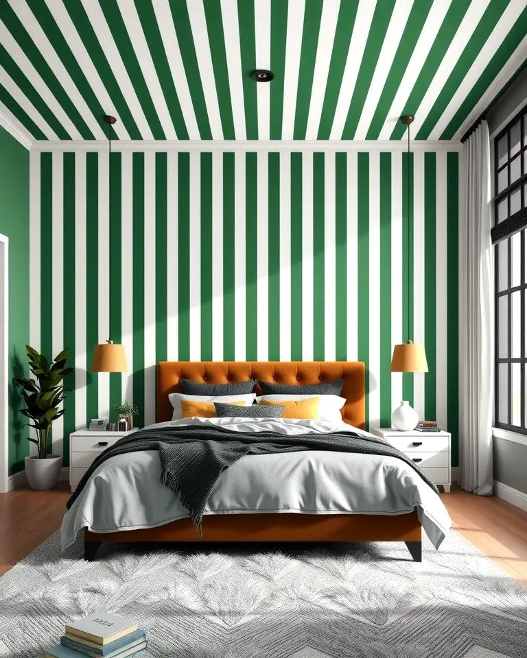 Green and White Striped Wallpaper