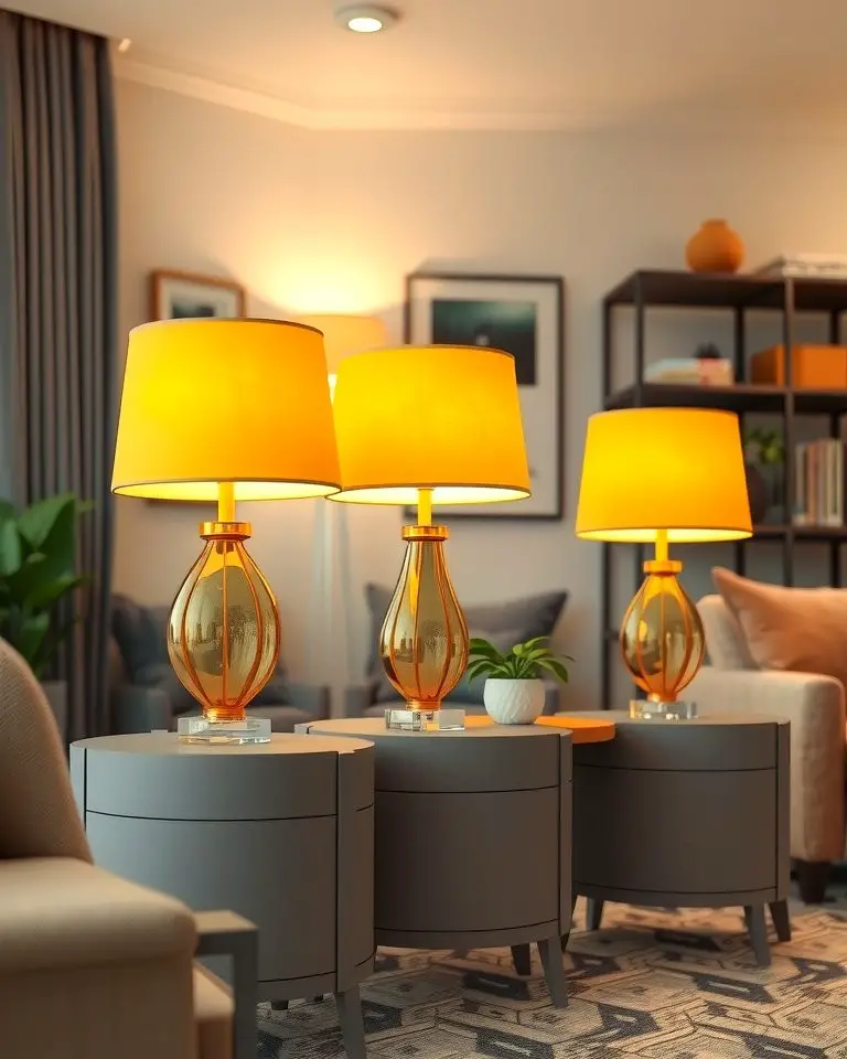 Yellow Lampshades on Grey Side Tables