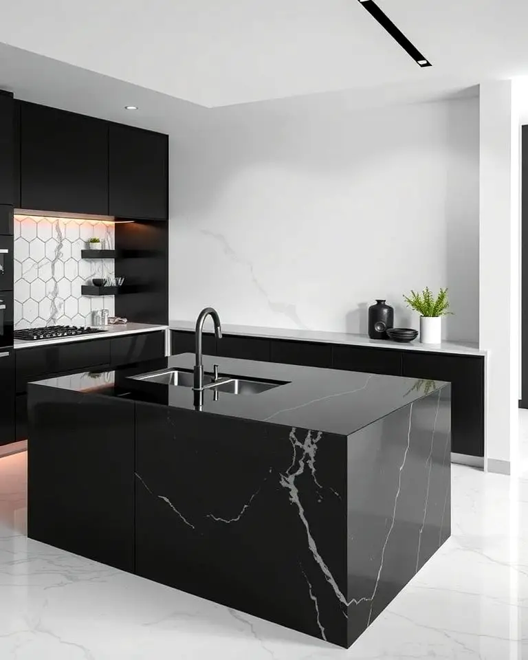 Black Island with Waterfall Countertop Design