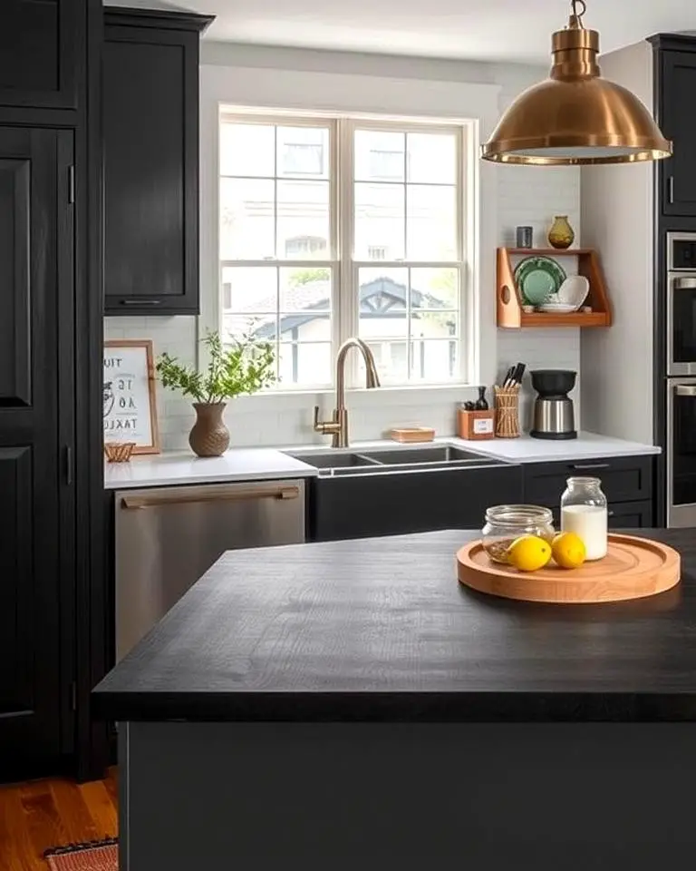 High-Contrast Drama with Blackened Wood Countertops
