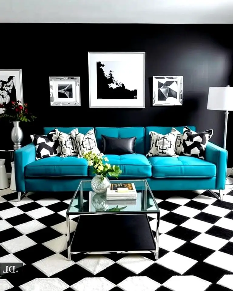 Teal Couch in a Black and White Setting