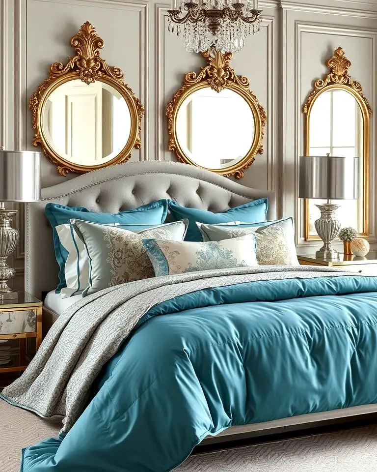 Teal and Grey Bedding with Metallic Accents