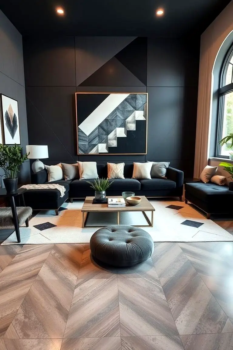 Geometric Patterns Enhancing Black Couch Appeal