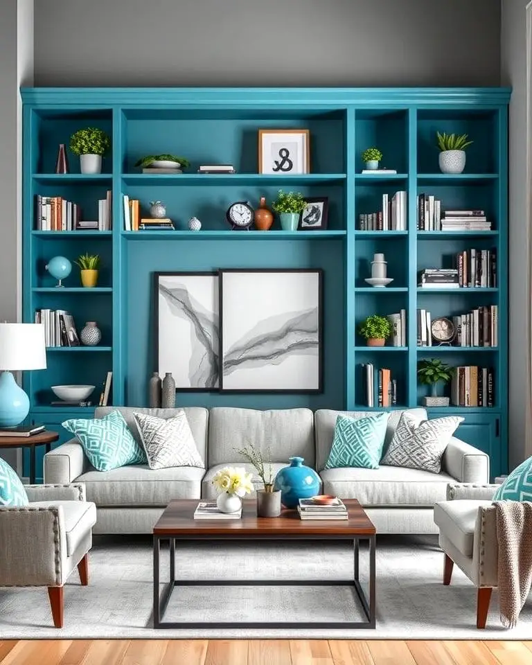 Grey Walls with Teal Bookshelves