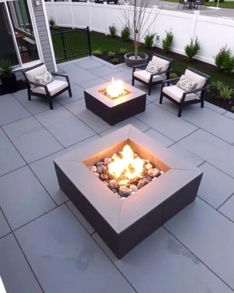 Modern Geometric Stamped Concrete Patio with Square Fire Pit