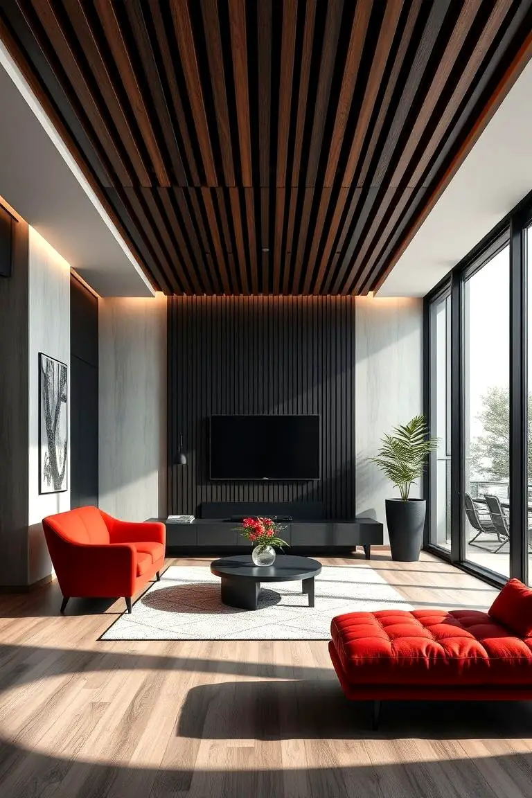 Bold Contrast Wood Slat Ceiling