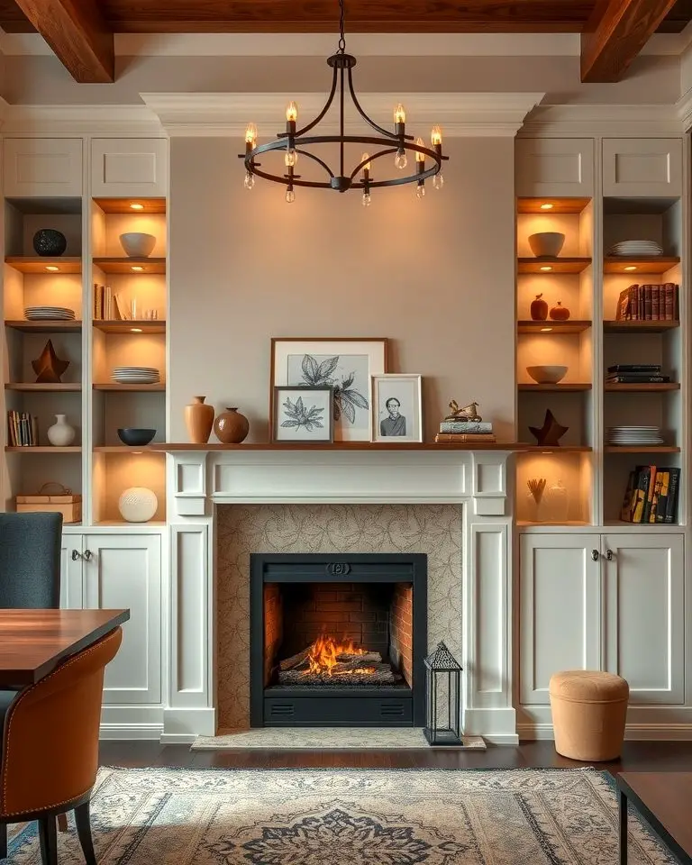 Fireplace with Built-In Shelving for Added Storage
