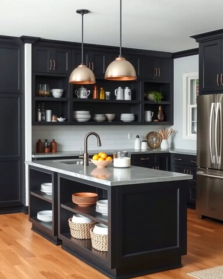 Matte Black Island with Open Shelving