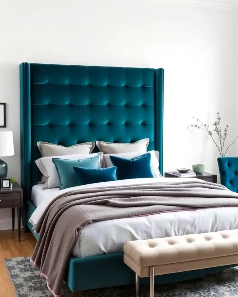 Grey Upholstered Bed with Teal Headboard