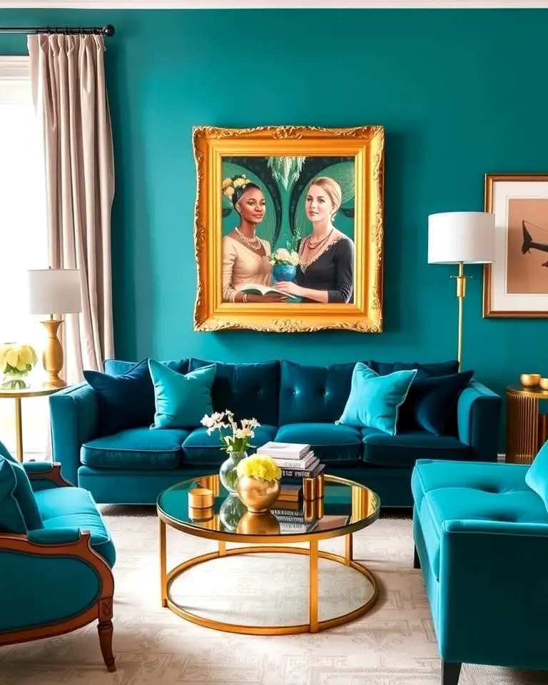 Teal Couch with Gold Accents
