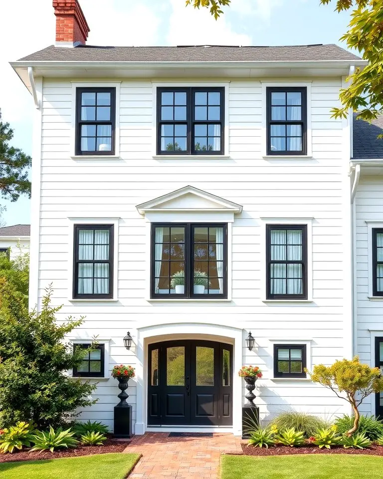 White Farmhouse with Black Double-Hung Windows