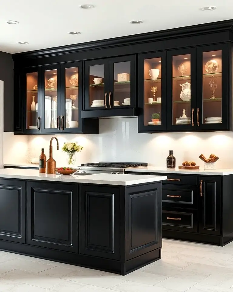 Black Island with Glass Front Cabinets