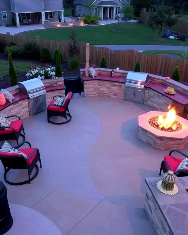 Stamped Concrete Patio with Fire Pit and Outdoor Kitchen