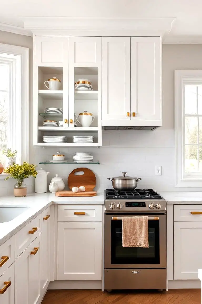 Chic White Shaker Cabinets with Golden Detailing