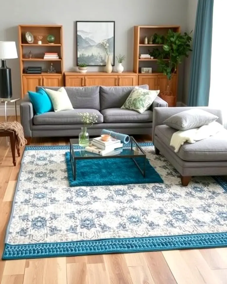 Teal and Grey Layered Rugs