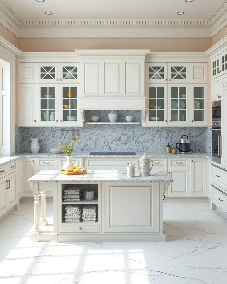 Classic Elegance with White Cabinets and a Marble-Topped Grey Island
