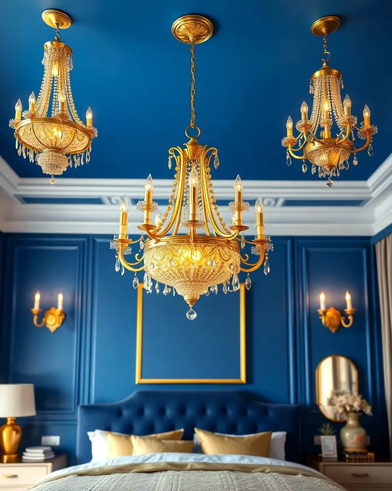 Gold Light Fixtures Against Blue Backdrops