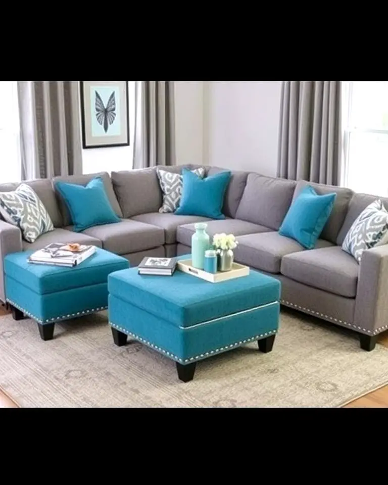 Grey Sectional with Teal Ottomans